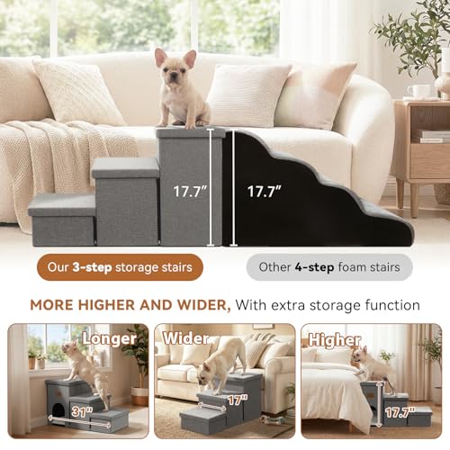 Zerbuger Dog Stairs 18" H, 3-Step Wider Dog Steps for High Beds Couch, Folding Storage Pet Stairs Gift for Small/Medium/Large Old Dogs Cats, Ramp for Climbing Car Up to 200 lbs, (Gray, with Condo)
