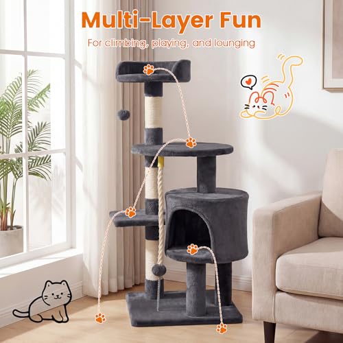 PETSITE 36-inch Multi-Level Cat Tree, with Sisal Scratching Posts, Comfy Top Perch, Cozy Condo, Playful Sisal Rope and Spring Ball, and Dangling Ball, Ideal for Indoor Cats and Kittens (Dark Grey) - color: Dark Grey
