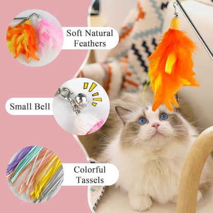 Andiker 5Pcs Retractable Cat Wand Toy, Cats Toy Set Contains 1 Feather Teaser & 3 Replaceable Tassels with Bell Stimulate Cats Hunting and Chasing Instincts Interactive Cat Toys (Orange) - color: Orange