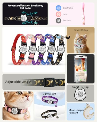Smart QR Code Cat Collar with Online ID Profile - Breakaway Safety Collar with Bell, Glow in The Dark & Cute Moons Stars Pendant, Adjustable Kitten Collar for Girl Cats 7.0-12.5 Inch(Black) - color: Black, size: Collar Only