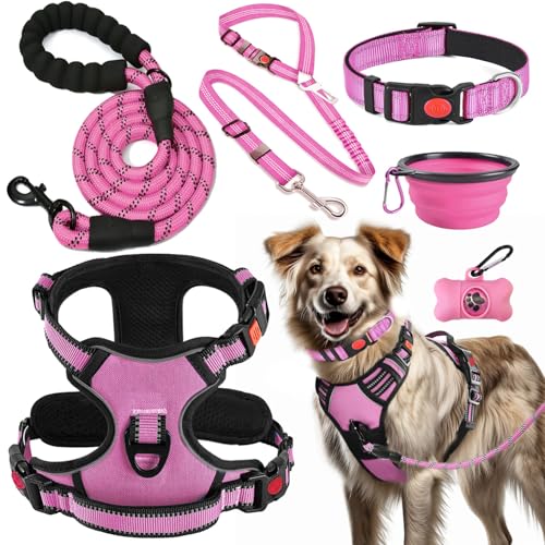LOBEVE No Pull Dog Harness, Collar & Leash Set | Includes Dog Seat Belt, Collapsible Bowls & Poop Bag Dispenser. Ideal for Training, Walking, Hiking. Fits Small to Large Dogs(Pink-L) - color: Pink, size: Large