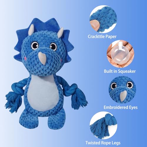 Cute Animals Interactive Squeaky Dog Toy with a Vocal Bladder, Crinkle Paper Stuffed Soft Cotton Chew Toy, Teething Rope Tug of War Pull Toy to Keep Them Busy for Puppy, Small Dogs - Blue Triceratops - color: Blue Triceratops
