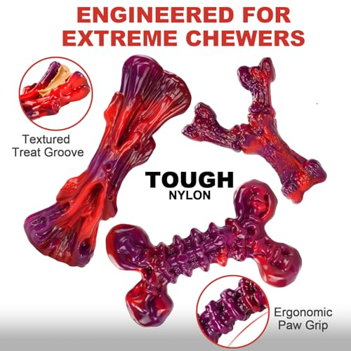 Kseroo Indestructible Dog Toys for Aggressive Chewers: 3-Pack Beef Flavored Hard Nylon Dog Chew Toys for Medium & Large Dogs(25-90lbs), Tough Super Chewer Dog Bones Toys to Keep Them Busy, Red - color: 3PC-Beef-Red