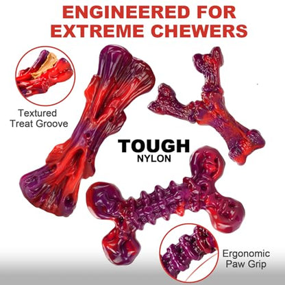 Kseroo Indestructible Dog Toys for Aggressive Chewers: 3-Pack Beef Flavored Hard Nylon Dog Chew Toys for Medium & Large Dogs(25-90lbs), Tough Super Chewer Dog Bones Toys to Keep Them Busy, Red - color: 3PC-Beef-Red
