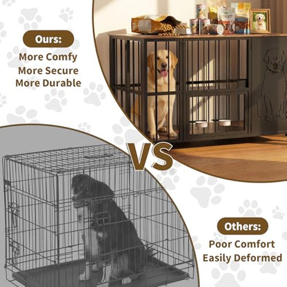 JUNEU 42'' Dog Crate Furniture, Easy Assembly Dog Kennel Indoor, Collapsible Heavy Duty Dog Crate for Medium/Large Dog(35-60 lb), Wooden Corner Dog Crate with Wheels & Adjustable Bowl Holders