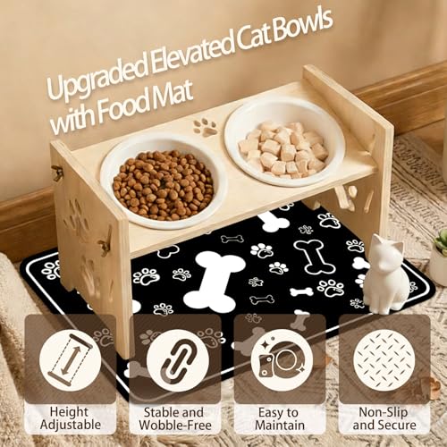 2026 New Elevated Cat Bowls with Food Mat, Adjustable Height & Angle Raised Cat & Dog Bowls Stand for Food and Water, Cat or Small Dog Feeding Station, 2 Ceramic Bowls for Cats and Puppy(Natural Wood) - color: nature