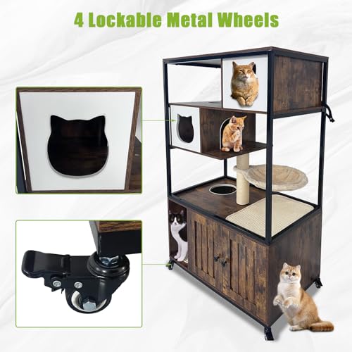GarveeHome Cat Tree with Litter Box Enclosure 57.5 in H Wooden Cat Tower Cabinet with Wheels Dog Proof Corner Hidden Litter Box with Condo, Hammock and Scratching Post Retro Brown