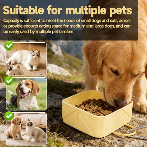 Collapsible Pet Bowls for Dogs and Cats, Portable Travel Silicone Foldable Dog Water Food Bowl with Carabiner 10.5x10.5x4.5cm - color: yellow