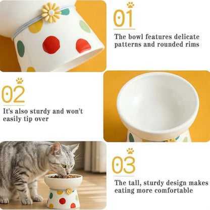 Elevated Ceramic Cat Bowls, 15°Raised Cat Food Bowl,Whisker Friendly Anti Vomiting Cats Dishes,Anti Vomiting&Protect Pet's Spine,Feeder Dish for Indoor Kitty and Small Dogs (Polka dot Tall cat Bowl) - color: Polka dot tall cat bowl