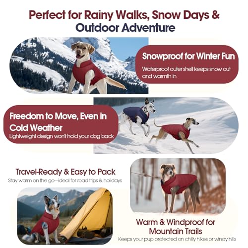 QBLEEV Reversible Dog Coat for Medium Dogs, Waterproof Windproof Winter Jacket Keeps Dogs Warm in Snow, Adjustable Hook & Loop Lightweight Dog Puffer Vest, Wine Red, L – Fits French Bulldog - color: Date-Red, size: Large