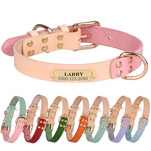 Personalized Dog Collar with Nameplate – Genuine Leather, Engraved Pet ID Tag with Phone Number – Adjustable Custom Dog Collar for Small, Medium & Large Dogs, Durable Cowhide Collar - color: Pink, size: XS: 8-11"(Fit -9 lb)