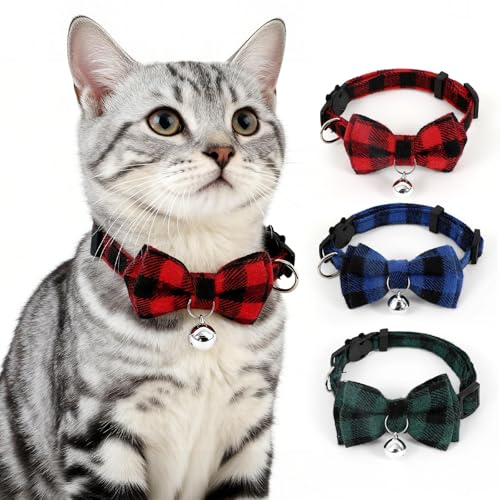 Plaid Breakaway Cat Collar with Bell & Removable Bow Tie – Cotton Kitten Collar with Bells for Boy Cats or Small Dogs. Adjustable Size 7.5-12.2in (1, Red) - color: Red