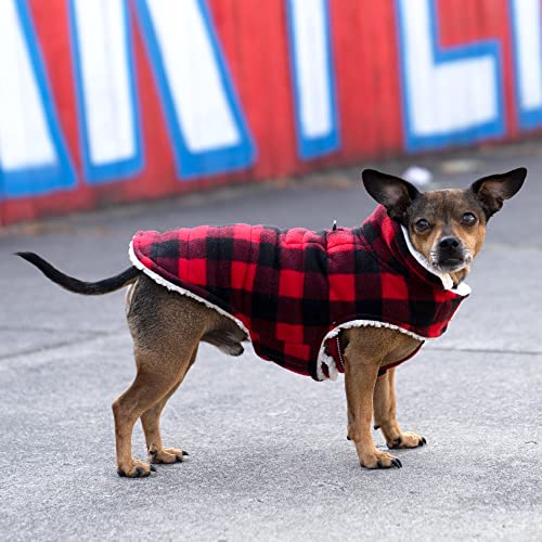 Furhaven Reversible XS Dog Coat, Washable & Insulating w/ Leash Access - Sherpa & Plaid Fleece Flex-Fit Jacket - Cream/Red, Extra Small - color: Cream/Red Plaid, size: X-Small
