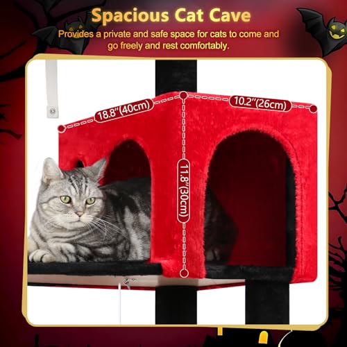 Globlazer Gothic Cat Tree Tower with Scratching Post for Indoor Cats, 53inch Tall Plush Multi-Level Cat Climbing Tower Condo with Large Hammock, Spacious Cat Cave, Padded Top Perch, F53, Red Black - color: Red Black