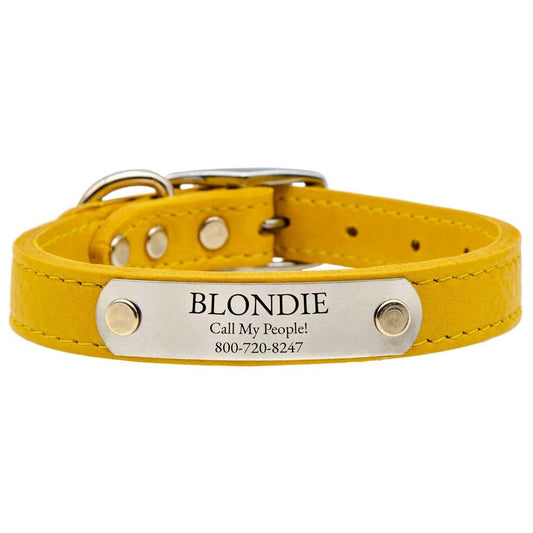 dogIDs Personalized Soft Designer Leather Dog Collar - Adjustable, Odor Resistant, Built-in Custom Laser Engraved Rivet on Name Plate - Goldenrod - 1/2 in Wide x 7 in Neck - color: Goldenrod, size: 1/2 in wide x 9 in (its 6-8 inch necks)