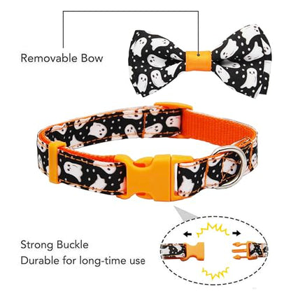 Halloween Dog Collar with Bowtie, Holiday Adjustable Ghost Print Collar with Sturdy Buckle, 3 Sizes for Small Medium Large Dogs Pets Puppies - color: Chasing Ghosts, size: Small-(11"-17") Neck * 5/8" Wide