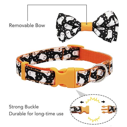 Halloween Dog Collar Adjustable Ghost Print Holiday Collar with Sturdy Buckle & Bow Tie Soft, 3 Sizes for Small Medium Large Dogs Pets Puppies - color: Chasing Ghosts, size: Large-(16-27") Neck * 1" Wide