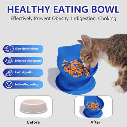 Slow Feed Cat Bowl, Elevated Cat Food Dish with Tilted Design, Dual-Use for Dry and Wet Food, Anti-Vomit, Anti-Choking, Easy to Clean - color: Blue, size: Big
