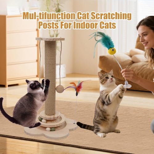 4 inch Wider Design for Large Cats Providing Greater Stability,4-in-1 Wooden Cat Scratcher Toy,Scratching Post&2-Level Track Tower with 8 Balls&2 Sisal Ball&2 Cat Wand Toy(15.8" L x 15.8" W x 19" H) - size: 15.8"L x 15.8"W x 3.1"H