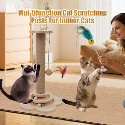 4 inch Wider Design for Large Cats Providing Greater Stability,4-in-1 Wooden Cat Scratcher Toy,Scratching Post&2-Level Track Tower with 8 Balls&2 Sisal Ball&2 Cat Wand Toy(15.8" L x 15.8" W x 19" H) - size: 15.8"L x 15.8"W x 3.1"H