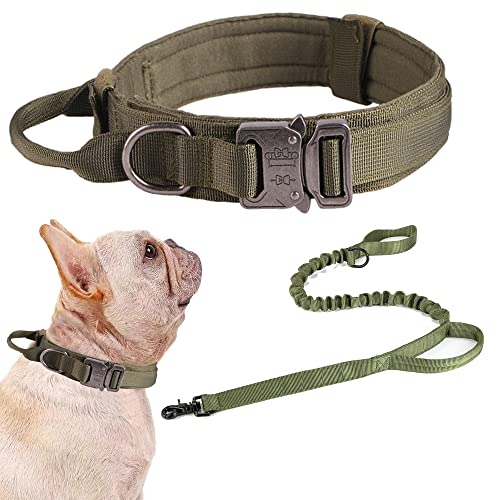 Tactical Dog Collar and Leash Set Adjustable Military Nylon Dog Collar with Control Handle and Heavy Duty Metal Buckle for Large Dogs（Green S - color: Green SET(collar+leash), size: Small (Pack of 1)