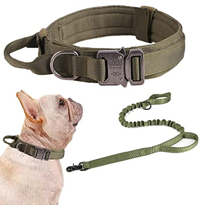 Tactical Dog Collar and Leash Set Adjustable Military Nylon Dog Collar with Control Handle and Heavy Duty Metal Buckle for Large Dogs（Green S - color: Green SET(collar+leash), size: Small (Pack of 1)