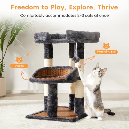 Multi-Level Cat Tower with Scratching Posts, Cat Tree with Double Cat Bed & Hanging Toys, Cute Climbing Tower with Sisal Scratcher for Kittens & Adult Cats, Grey - color: Grey
