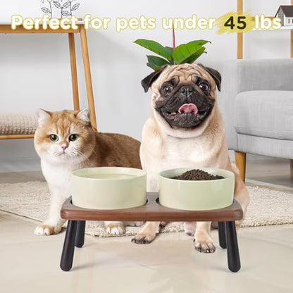 SPUNKYJUNKY Ceramic Elevated Dog Bowls Raised with Acacia Bamboo Wooden Stand, 6.1'' Dog and Cat Food Water Bowls Set Non-Slip for Small Medium Sized Breed Microwave Dishwasher Safe - 28.7 OZ,Beige - color: Beige, size: 6.1 in - Dual