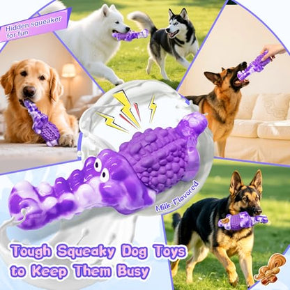 Squeaky Dog Chew Toys for Aggressive Chewers - Tough Crocodile Chew Toy for Small Medium Large Dogs, Dental Cleaning & Anxiety Relief, Boredom Buster (Purple) - color: Purple