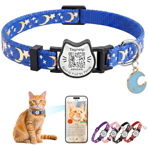 QR Code Pet ID Cat Collar - Breakaway Safety Kitten Collar with Glow in The Dark & Bell, Cute Moons Stars Adjustable Collar for Cats, Online Profile for Medical Info, Contact & Lost Pet Recovery(Blue) - color: Blue, size: Collar Only