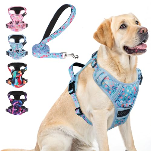 BEAUTYZOO No Pull Dog Harness Large, Adjustable Dog Harness and Leash Set -Easy Wearing with 3 Buckles/Control Handle,No Choke Soft Padded Reflective Pet Vest for Training Walking Hiking,Blue L - color: Blue Flower, size: L: chest 22"-33"