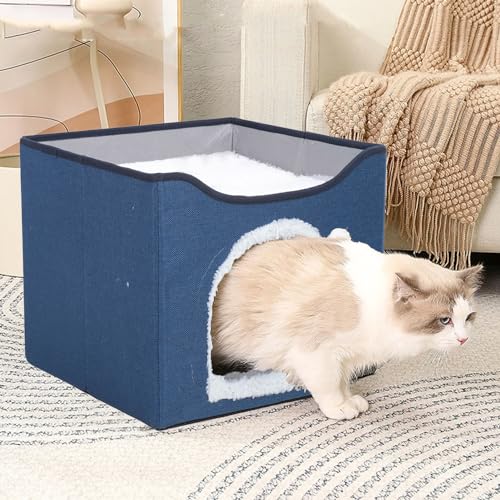 Foldable Cat House, 2 Layer Collapsible Kitten House Multifunctional Cat Cave Bed Soft Cat Scratcher House, Cat Bed Cave Cat Cubes Cat Hideaway for Indoor Cats(Navy Blue) - color: Navy Blue