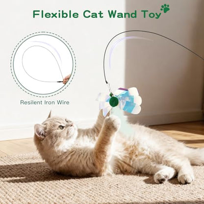 Pawaboo Feather Teaser Cat Toy, Interactive Feather Wand Cats Toy Flying Feathers Cat Catcher with Extra Long 34.5" Wand and Small Bell, Exerciser Playing Toys for Kitten or Cats, Green Butterfly - color: Green Butterfly