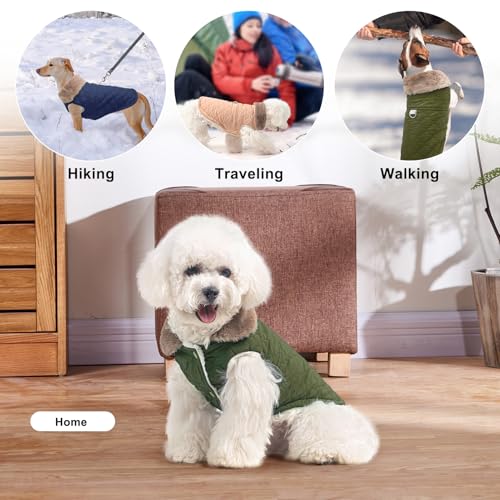 BEAUTYZOO Winter Dog Coat with Harness Built in, Warm Dog Puffer Jacket Vest Padded Fleece Cold Weather Coats Windproof Waterproof Snow Jackets Clothes for Small Medium Puppy, Green S - color: Army Green, size: S (Back: 12",Chest: 18")