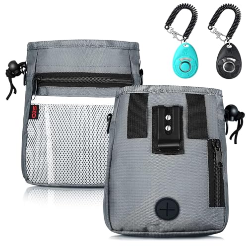 Dog Treat Pouch - 3 Ways to Wear Treat Pouches for Pet Training and 2 Pieces Clicker Taining for Dogs, Dog Training Treat Pouch Bag and Dog Clicker for Training with Waist Belt Shoulder Strap - Grey - color: Grey