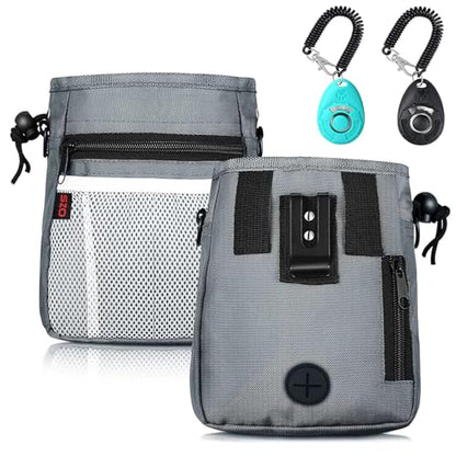 Dog Treat Pouch - 3 Ways to Wear Treat Pouches for Pet Training and 2 Pieces Clicker Taining for Dogs, Dog Training Treat Pouch Bag and Dog Clicker for Training with Waist Belt Shoulder Strap - Grey - color: Grey
