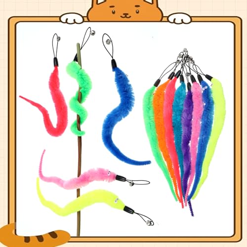 Qianyu 15 PCS Fish and Worm Catnip Toys Interactive Cat Toys Cat Feather Wand Accessories with Ribbons Plush Filled Cats Toy Worm Fish Refills for Play Exercise Chase Chew Indoor