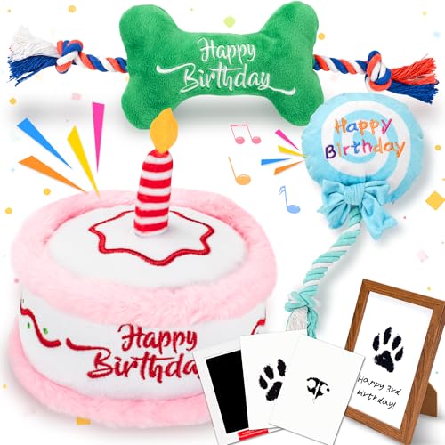 LECHONG 7Pcs Dog Birthday Toys Gifts, No-Mess Paw Print Keepsake Kit with Squeaky Dog Cake Toy, Plush Crinkle Toy, Pet-Safe Ink Pad & Photo Frame for Small Medium Dogs - style: Dog Birthday Toys