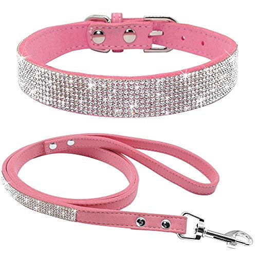 Rhinestone Bling Leather Dog Collar and Leash Set, Cute Dazzling Sparkling Soft Velvet Dog Cat Collar Crystal Diamond Puppy Collar (XXS, Pink1) - color: Pink1, size: XXS