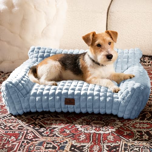 Dog Bed for Small Medium Dogs/Cats, Orthpedic Dog Beds Supportive Cat Couch with Faux Rabbit Fur and Removable Cover, Washable Pet Sofa Bed, 30 Inch, Light Blue - color: Light Blue, size: Medium: 30"L x 20"W x 10"Th
