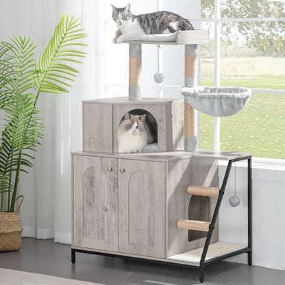 Hzuaneri Cat Litter Box Enclosure with Cat Tree, 4-in-1 Modern Cats House with Large Platform, Cats Condo with Sisal Scratching Mat, Posts, Stairs and Pompom, Washable Cushions, Greige CB81005B - color: Greige