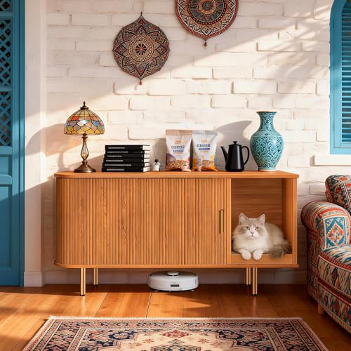 DHH Cat Litter Box Enclosure with Scratch Pad, Sliding Door, 38.5" Cat Litter Furniture Hidden Litter Box Cabinet, Modern Indoor Cat House, TV Stand, Side End Table for Living Room(Yellow Walnut) - color: Yellow oak