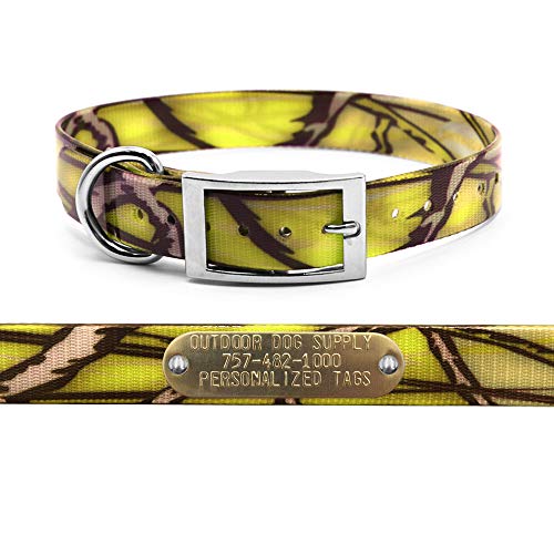 Outdoor Dog Supply 1" Yellow Camo D-Ring Dog Collar with Custom 3/4" Brass Nameplate | Durable, Odor-Resistant, Adjustable for Medium & Large Dogs, USA-Made (21") - color: Yellow Camo, size: 21" Long