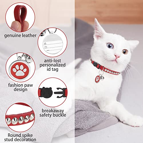 Leather Personalized Breakaway Cat Collar with Studded Bell and Safety Quick Release Buckle - Rivets Studded ID DIY Collars for Boy Girl Cats Kittens, 9" - 11.5" Red - color: Red, size: 9"-11.5"