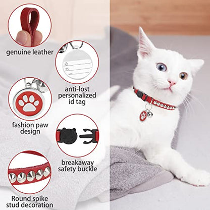 Leather Personalized Breakaway Cat Collar with Studded Bell and Safety Quick Release Buckle - Rivets Studded ID DIY Collars for Boy Girl Cats Kittens, 9" - 11.5" Red - color: Red, size: 9"-11.5"