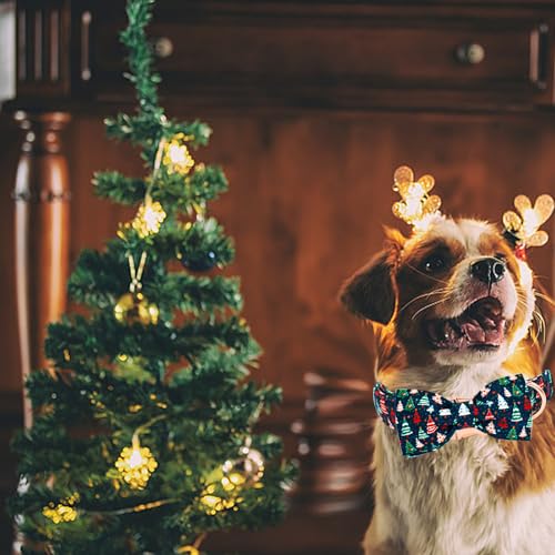 Elegant little tail Christmas Dog Collar, Christmas Tree Pet Collars Bow Red Metal Buckle Collar Puppy Girl Boy Holiday Cotton Soft Bowtie Adjustable Dog Collar for X-Small Dogs - color: Christmas Tree, size: X-Small (Pack of 1)