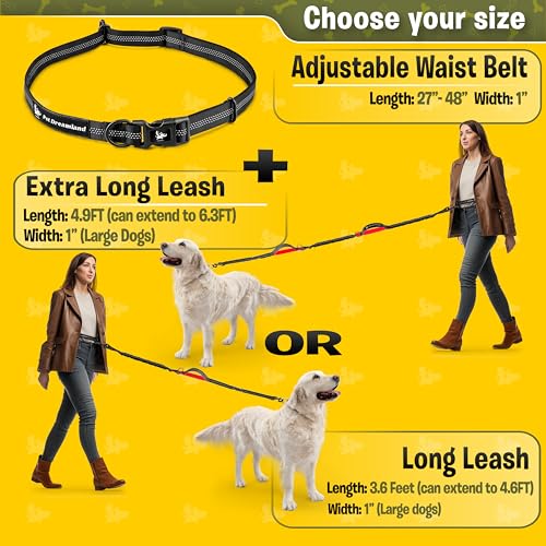 Exquisite Hands Free Dog Leash for Large Dogs. Ultimate Comfort & Freedom for Running, Walking, Hiking. Premium Quality, Durable & Versatile Waist Leash. Your Dog Will Love It. - color: Black & Red