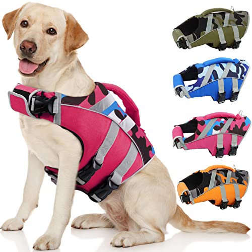 Kuoser Dog Life Jacket with Reflective Stripes, Dog Life Vest for Swimming Boating, Adjustable Pet Lifejackets with High Flotation, Doggie Swimsuit for Small Medium Large Dogs - color: 7#RoseCamo, size: Xs (Chest Girth:12.9-18.1'')