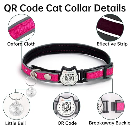 Cat Collar with Bells Reflective Cat Collars Breakaway with Oxford Cloth Soft Padding Adjustable Kitten Collar with QR Code（Hotpink） - color: Hotpink