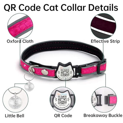 Cat Collar with Bells Reflective Cat Collars Breakaway with Oxford Cloth Soft Padding Adjustable Kitten Collar with QR Code（Hotpink） - color: Hotpink